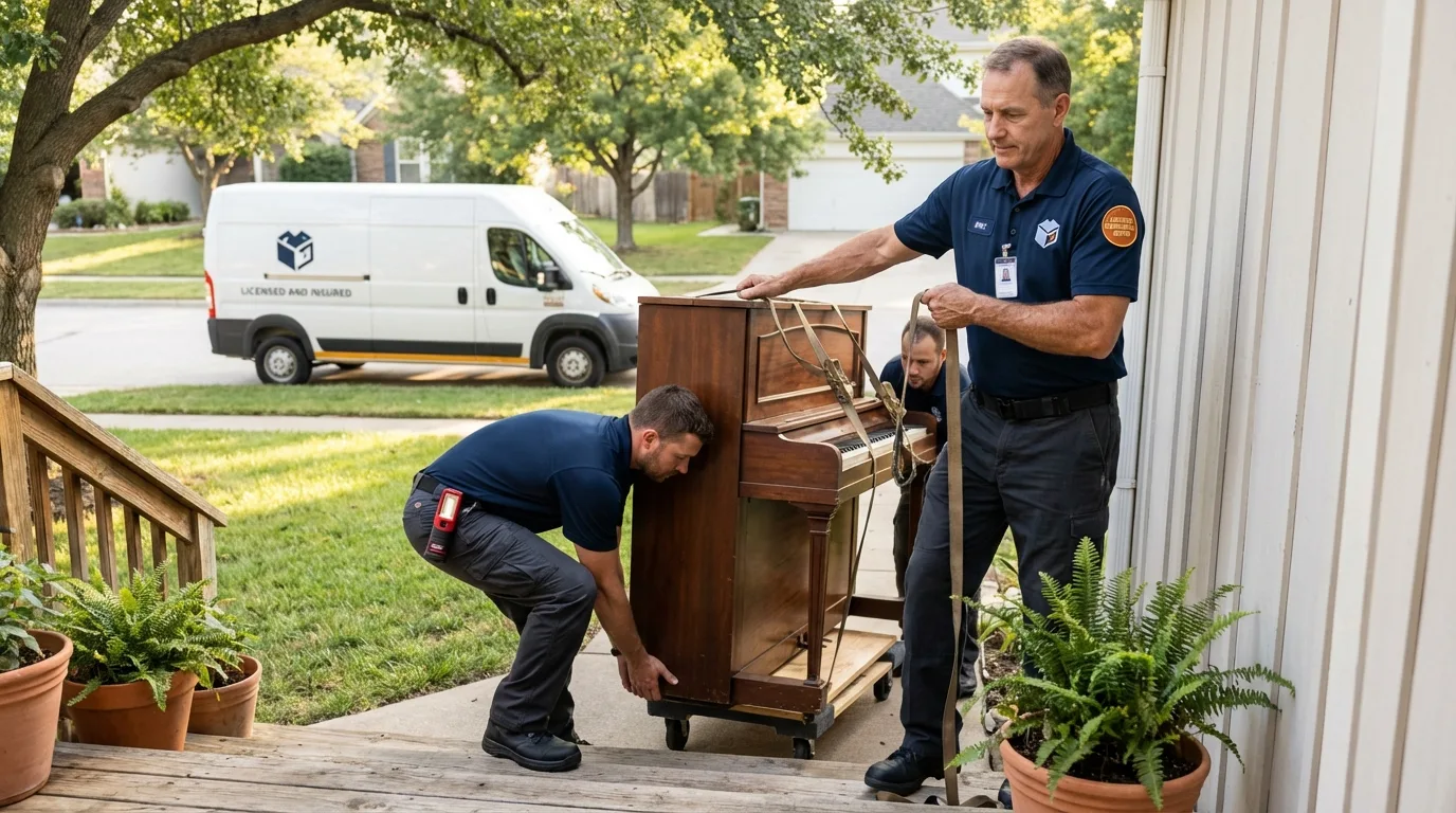 Licensed piano movers securing grand piano in Ouray, CO